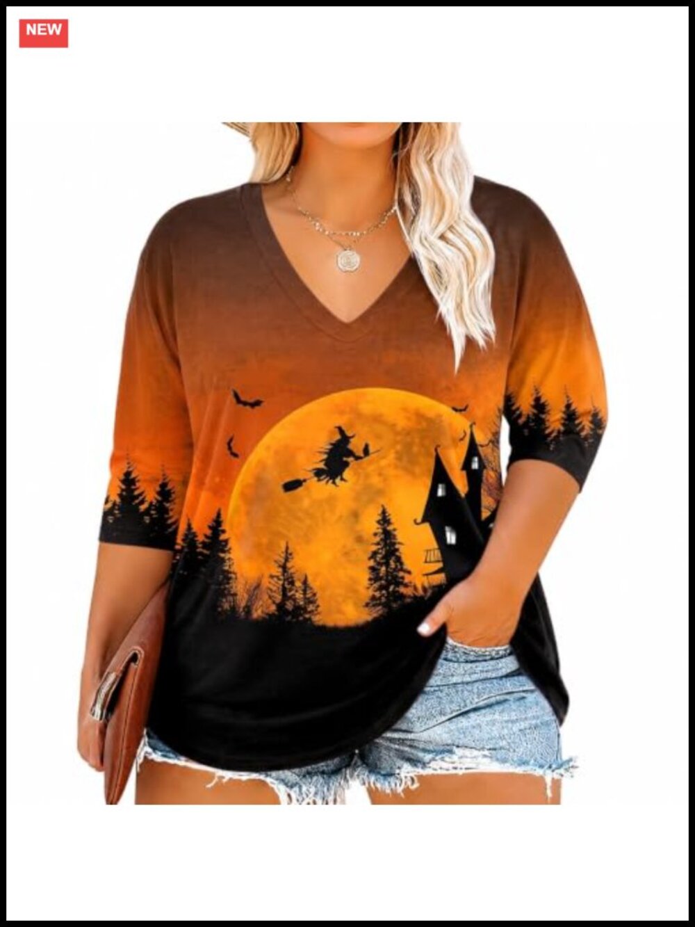 Womens Plus Size Halloween V Neck 3/4 Sleeve T-Shirt Fall Casual Top
